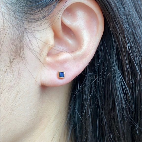 14K Solid Gold Mini Square Blue Stud Earrings